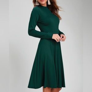 Lulu’s Maliyah Forest Green Long Sleeve Skater Style Midi Dress